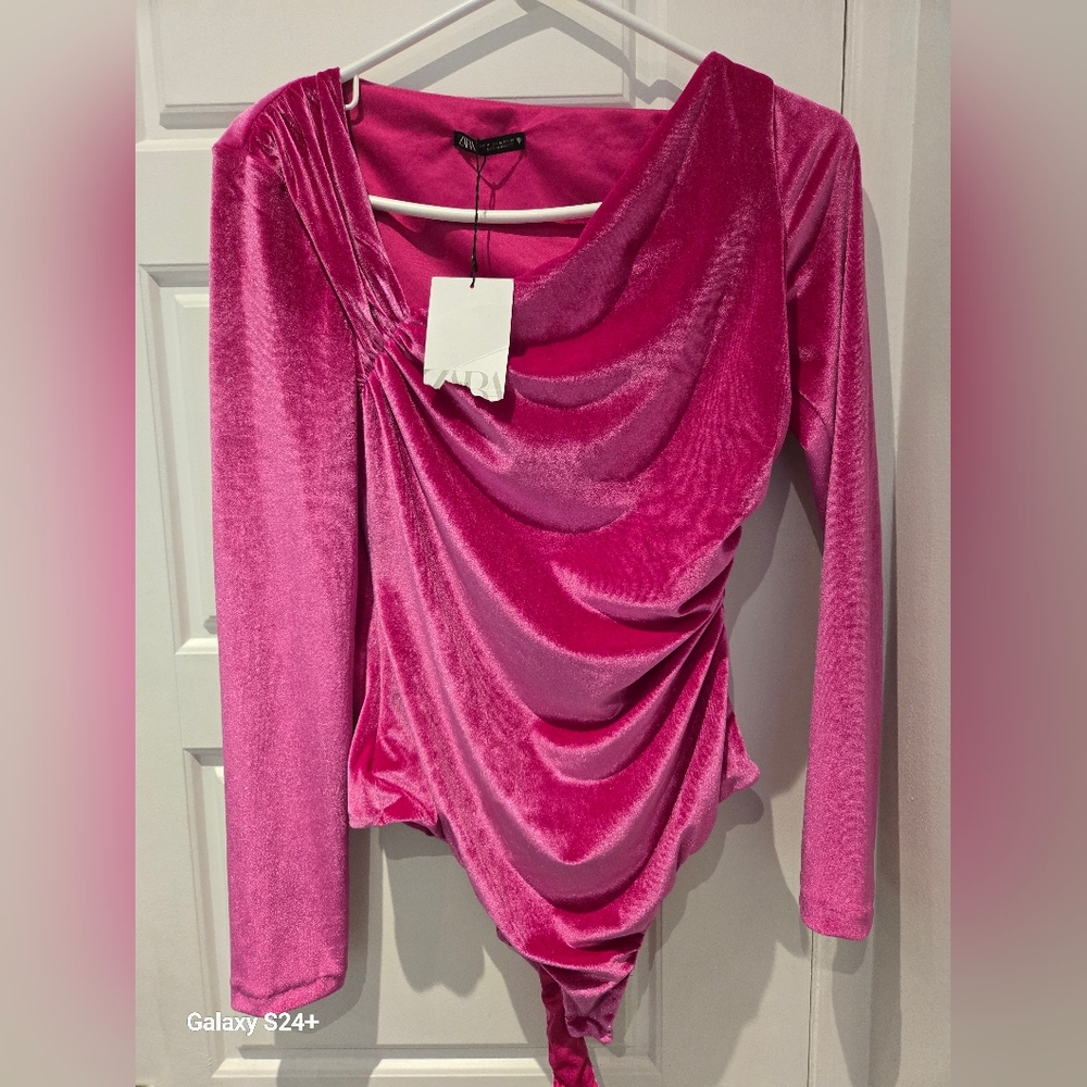 Zara Hot Pink Velvet Drape Bodysuit.